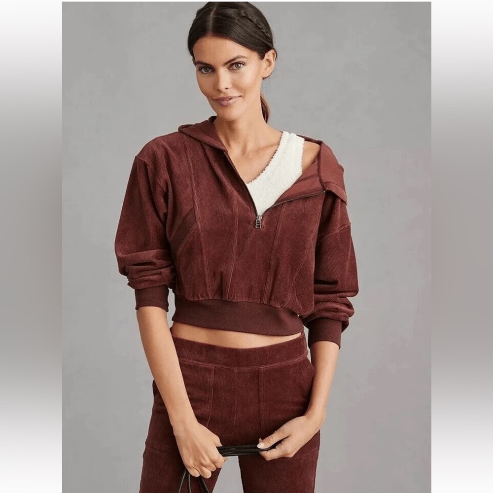 Anthropologie Daily Practice Velour Corduroy Hoodie Brown Plum